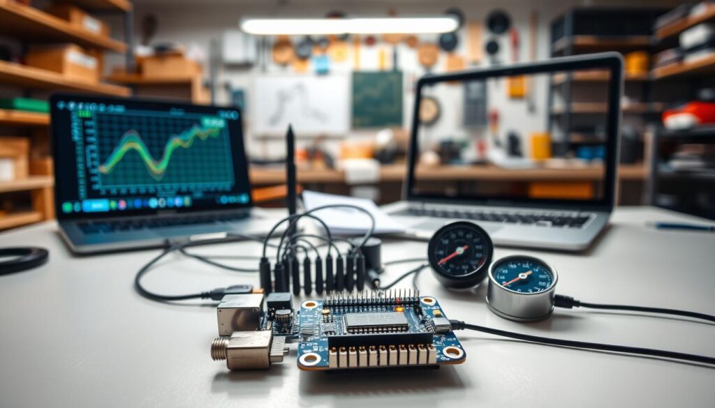 A modern wireless data transfer setup designed for sensor logging, showcasing an array of sensors like temperature, pressure, and speed gauges connected via Bluetooth to a sleek laptop. In the foreground, a well-organized table displays a microcontroller and an SD card module, with a glowing LED indicator. In the middle ground, a digital graph on the laptop screen illustrates real-time data. The background features a soft-focus view of a workshop environment filled with tools and materials, hinting at a creative workspace. The scene is illuminated by bright, even lighting, enhancing the clarity of the setup. The mood is technical yet innovative, embodying a spirit of exploration and learning, captured with a medium shot at eye level to provide depth.