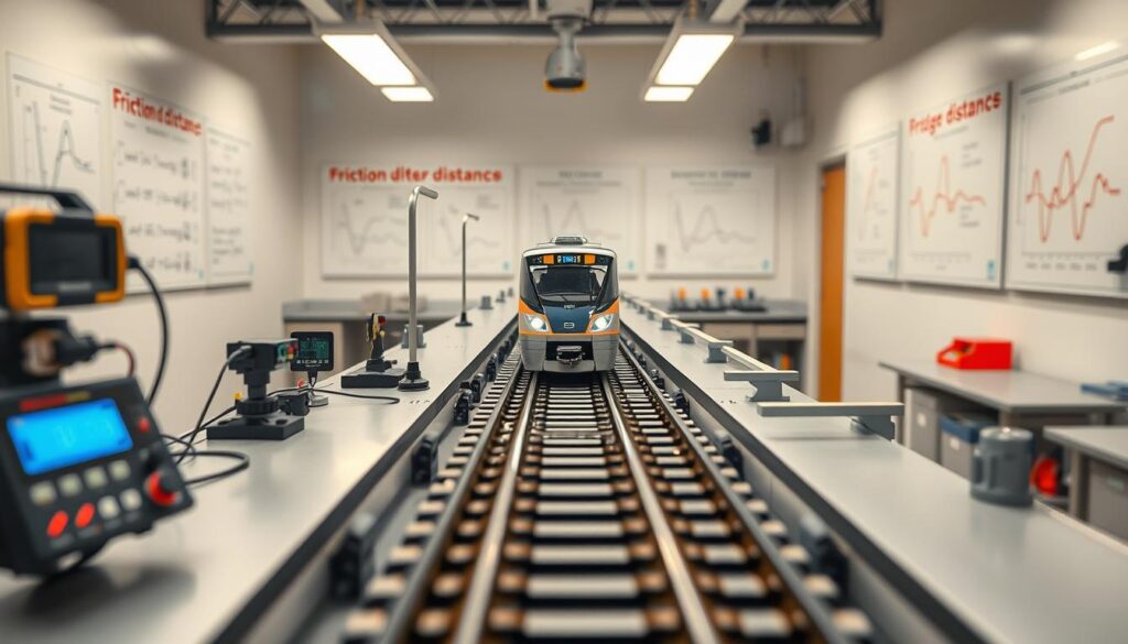 A technical and detailed experimental setup for measuring braking distances, featuring a model train on a straight, elevated track. In the foreground, include digital measuring equipment and sensors positioned at various points along the track. The middle of the image showcases the train in action, moving at different speeds, with clear markers indicating stopping distances on the track. In the background, a physics lab environment is highlighted with charts and graphs on the walls illustrating friction physics. Soft, focused lighting illuminates the setup while maintaining a clear depth of field, with a slight perspective angle capturing the dynamic motion. The atmosphere conveys a sense of precision and scientific inquiry, emphasizing the experimental nature of the test. Ensure the scene is devoid of any text or watermarks. A technical and detailed experimental setup for measuring braking distances, featuring a model train on a straight, elevated track. In the foreground, include digital measuring equipment and sensors positioned at various points along the track. The middle of the image showcases the train in action, moving at different speeds, with clear markers indicating stopping distances on the track. In the background, a physics lab environment is highlighted with charts and graphs on the walls illustrating friction physics. Soft, focused lighting illuminates the setup while maintaining a clear depth of field, with a slight perspective angle capturing the dynamic motion. The atmosphere conveys a sense of precision and scientific inquiry, emphasizing the experimental nature of the test. Ensure the scene is devoid of any text or watermarks.