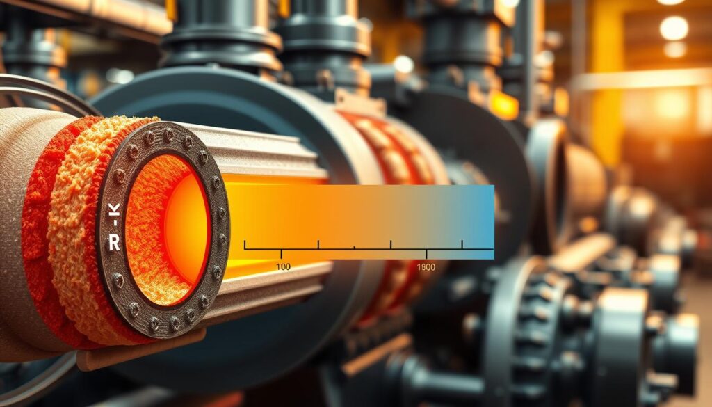 A technical illustration depicting a cross-sectional view of insulation thermal resistance in a steam engine. In the foreground, show a detailed segment of the steam engine with varying thickness of insulation lagging around the pipes, featuring bright and distinct colors to highlight heat loss areas. In the middle, represent a gradient scale illustrating the R-value measurements, with gradient colors transitioning from warm red to cooler blue, indicating different heat loss levels. In the background, softly blur the rest of the steam engine components in an industrial setting, with warm, ambient light showcasing a working environment. The overall mood should be informative and focused, with precise details enhancing the technical nature of the image, providing clarity to the insulation concepts without any text overlays or distractions.