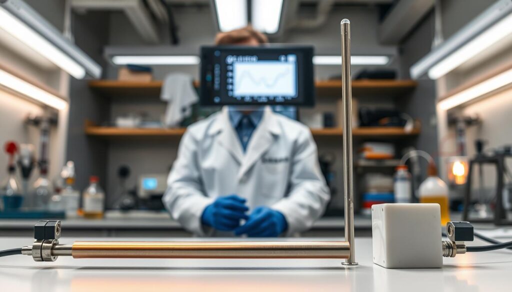 A thermal conductivity experiment illustrating heat conduction in copper, steel, and ceramic rods. The foreground features three metal rods positioned horizontally on a laboratory bench, each connected to temperature sensors and calorimeters. The copper rod glows subtly with warmth, while the steel and ceramic rods show distinctive temperature markings. Behind them, a lab technician in a white lab coat carefully monitors the data on a digital display, with graphs indicating temperature vs. time. The background is filled with scientific equipment, such as beakers and Bunsen burners, softly illuminated by overhead fluorescent lights. The atmosphere is professional, focused, and serene, emphasizing the scientific exploration of heat conduction in materials. The lens has a shallow depth of field, drawing attention to the rods and the technician.