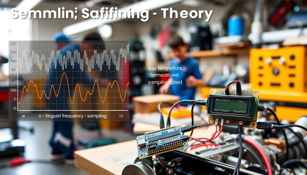 A visually striking illustration demonstrating the concept of sampling theory and Nyquist frequency. In the foreground, a detailed infographic showing a waveform representing analog signals, with clear labels indicating the Nyquist frequency and various sampling points. The middle ground features an electronic sensor connected to a data logging device, capturing temperature, pressure, and speed data from an engine or mechanical setup. Behind this, a blurred background of a workshop environment, filled with tools and equipment related to student projects. The lighting should be bright and clear, with a focus on the infographic and sensor, highlighting the importance of accurate sampling rates. The overall atmosphere is educational and technical, suitable for a learning context.