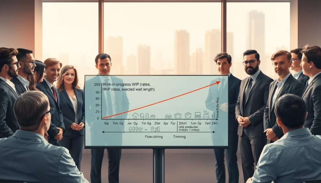 A detailed illustration depicting a demonstration of Little's Law in queueing theory. In the foreground, a diverse group of professionals in business attire is gathered around a large digital screen displaying a graph representing work-in-progress (WIP) rates and expected wait line lengths. In the middle, a transparent, stylized queue of illustrated production items, emphasizing flow and timing, creates a connection between the concepts. The background features a modern office setting with soft, diffused lighting, and large windows revealing a cityscape. The atmosphere is dynamic and analytical, reflecting a serious approach to scheduling and productivity. Use a wide-angle lens to capture the interaction and focus on the graph with a slight depth of field.