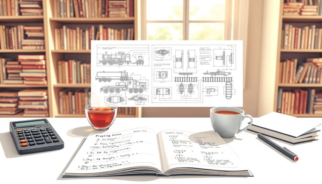 A detailed illustration depicting "steam calculations conversion practice problems" for a technical article. In the foreground, a clean white desk holds an open notebook filled with neatly written calculations and diagrams related to steam and rail projects. A calculator and a steaming cup of tea sit beside the notebook. In the middle ground, a set of technical drawings showcases various components of a steam engine and rail tracks, with dimensioned annotations. The background features soft-focus shelves filled with engineering books and reference materials, creating a scholarly atmosphere. The scene is illuminated by warm, natural light coming through a window, casting gentle shadows. The mood is focused and academic, aiming to convey a sense of diligent study and professional engagement with technical subjects.