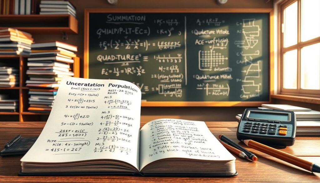 A detailed illustration of error propagation formulas and quadrature method calculations in a scientific workspace. In the foreground, an open notebook filled with handwritten equations like uncertainty propagation formulas, surrounded by mechanical pencils and a scientific calculator. In the middle, a chalkboard covered with neatly written formulas and diagrams illustrating summation, multiplication, and division error rules, as well as quadrature methods. The background features shelves stacked with textbooks and a window letting in natural light, casting gentle shadows. The atmosphere is one of focused academic inquiry, with soft, warm lighting to create an inviting study environment. The entire scene conveys a sense of diligence and precision in scientific experimentation.