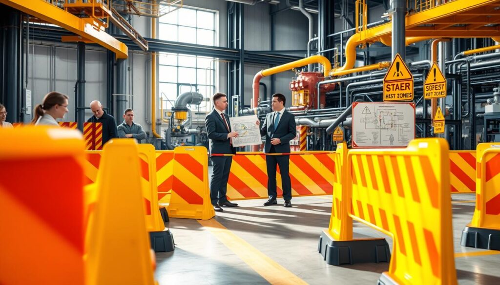 A detailed layout of a "demo safety barricades and hot zones" scene, showcasing clearly marked safety zones in bright yellow and orange colors. In the foreground, sturdy, reflective safety barricades establish boundaries, while visible hot zones feature ominous steam pipes and warning signs. In the middle ground, a group of professionals in business attire reviews a schematic diagram, emphasizing safety spacing and risk tradeoffs. The background displays a modern industrial setting with machinery and safety equipment under natural daylight filtering through a factory window, casting soft shadows. The overall atmosphere is focused and professional, conveying a sense of urgency surrounding safety protocols in industrial operations.
