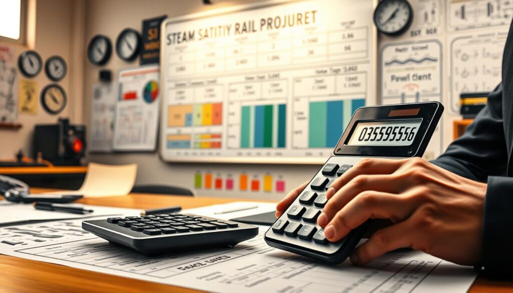 A detailed workspace featuring a sleek, high-tech calculator displaying unit conversions, set against a backdrop of steam and rail project diagrams. In the foreground, include hands of a professional in business attire operating the calculator, focused and engaged in precise calculations. The middle ground shows a large whiteboard filled with scientific notations and dimensions, like meters and pounds, alongside colorful charts representing steam pressure and conversions. The background depicts a softly lit engineering office, with blueprints and gauges on the walls, adding to the technical atmosphere. Use warm, natural lighting to create a collaborative and productive environment, with a slight depth of field to emphasize the calculator's intricate display while keeping the surrounding details clear and inviting.