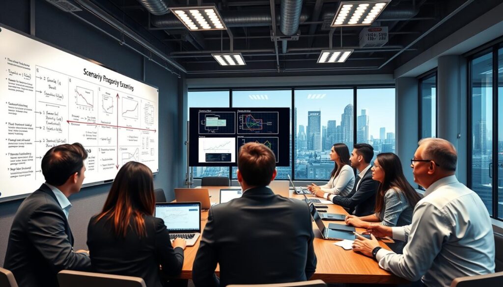 A professional meeting room filled with engineers and analysts engaged in scenario planning for capacity expansion, showcasing a detailed wall-mounted whiteboard with complex queueing math formulas and graphs. In the foreground, a diverse team of business professionals in smart attire discusses options such as adding a second boiler or a parallel production line, using laptops and digital tablets. In the middle, a presentation screen displays clear flowcharts and throughput diagrams, illuminated by soft overhead lighting that creates a focused atmosphere. The background features large windows with a city skyline, implying innovation and growth. The overall mood is collaborative and analytical, aiming to emphasize strategic decision-making in operations management.