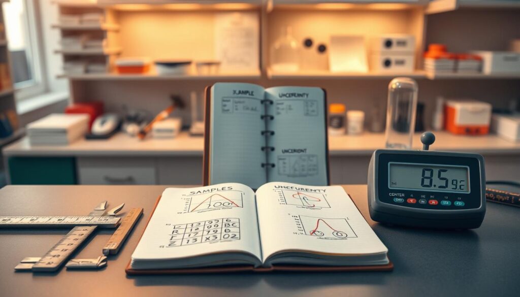 A visually engaging and educational depiction of proper measurement notation with uncertainty. In the foreground, illustrate a neatly arranged set of measurement instruments like a ruler, caliper, and digital scale, with labels showing sample measurements expressed as "x ± y" in clear, bold font. The middle ground features a scientific notebook with hand-drawn graphs and data tables displaying various measurements and uncertainties. The background should include a softly blurred laboratory environment with shelves of equipment, gently illuminated by warm, diffused lighting to create an inviting atmosphere. The overall mood should be one of professionalism and clarity, emphasizing the importance of precision in experimental results. Use a moderate high-angle shot to encompass the entire scene while maintaining focus on the measurement elements.