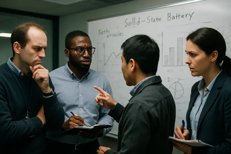 Engineer reviews test notes beside battery samples in a controlled lab