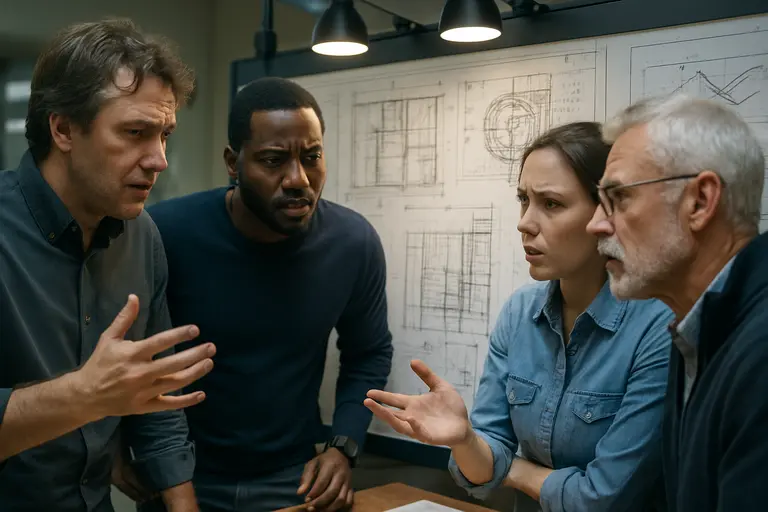 Engineers reviewing reactor diagrams and safety notes at a lab table