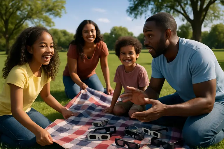 Group of observers wearing eclipse glasses in an open field before totality