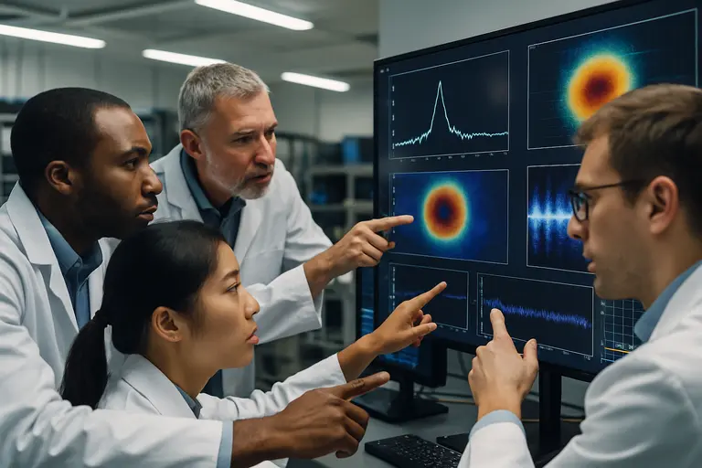 Researcher reviewing plots from a communication experiment on a monitor