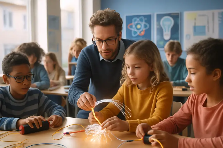 Students examine fiber optics equipment with a teacher in a science classroom